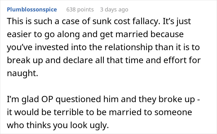 Screenshot of a Reddit comment discussing a woman finding secret texts of fianc&eacute; complaining about her appearance.