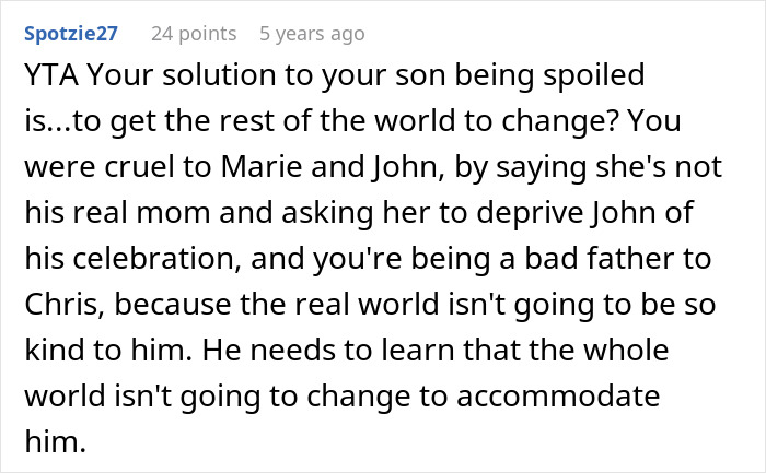 Reddit comment criticizing dad demanding family skip Hanukkah gifts because his spoiled son will have a tantrum.