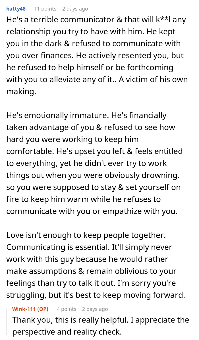 Online discussion text about communication and regrets after divorce, reflecting a woman&rsquo;s reality check and relationship struggles.