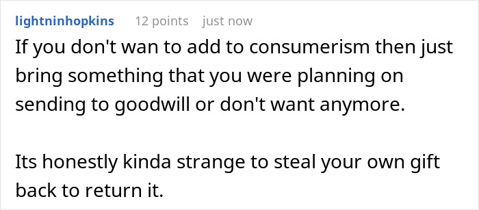 Screenshot of a forum comment discussing someone stealing their own white elephant gift to get a refund.
