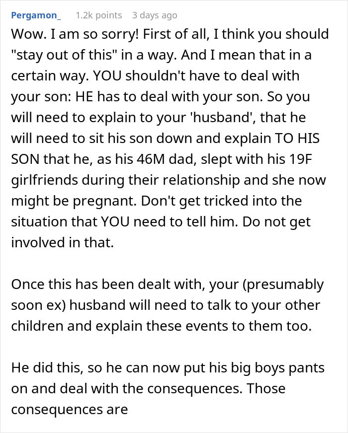 Text post discussing a man unsure if affair partner's baby is his child or grandchild, advising to stay out of it.