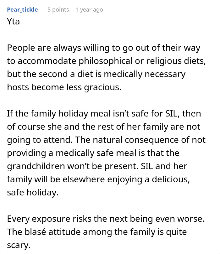 Comment discussing family conflict over accommodating allergy diets and the reality of family not catering to allergies.