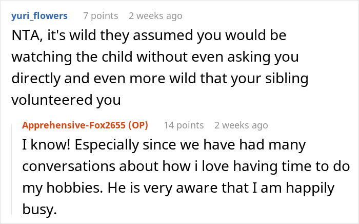 Reddit discussion about a couple not wanting to sacrifice gym time for babysitting and expecting the aunt to give up hobbies.