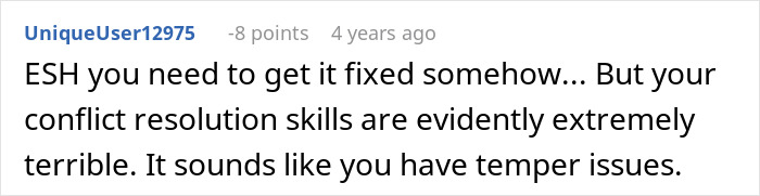 Screenshot of a Reddit comment criticizing conflict resolution skills in a discussion about a man demanding cousin pay for his cruel prank.
