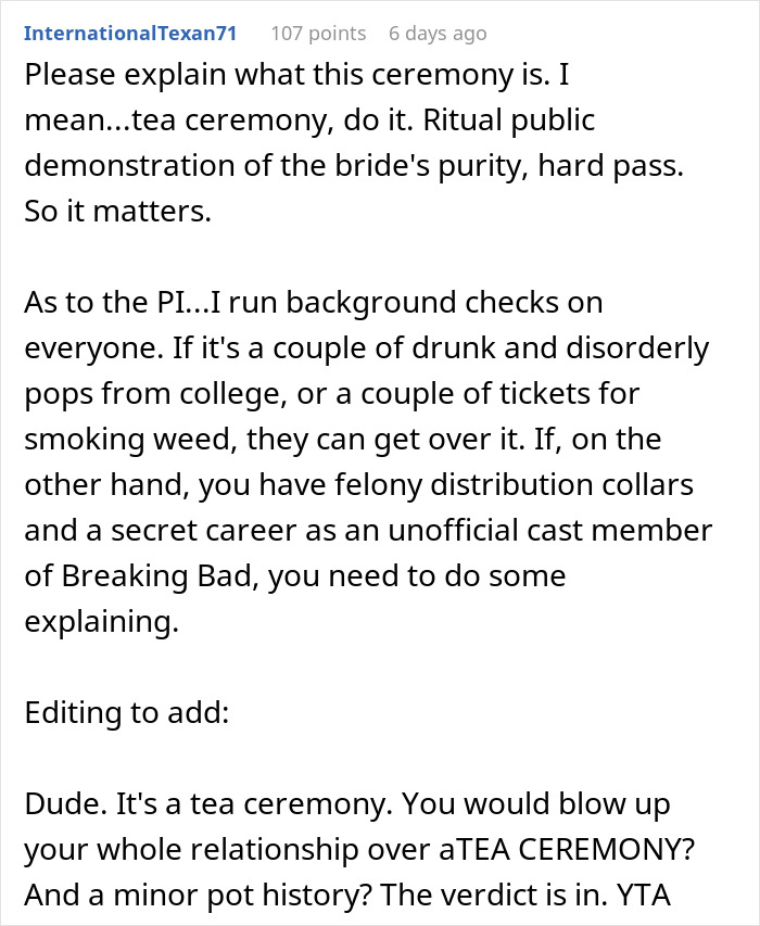 Comment discussing a man considering canceling wedding after fianc&eacute;e&rsquo;s family hires a PI to find dirt.