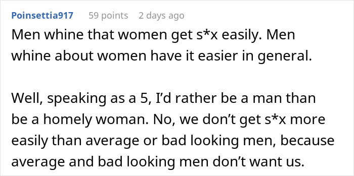 Screenshot of a Reddit comment discussing women's appearance and men&rsquo;s complaints, related to secret texts and wedding photos.
