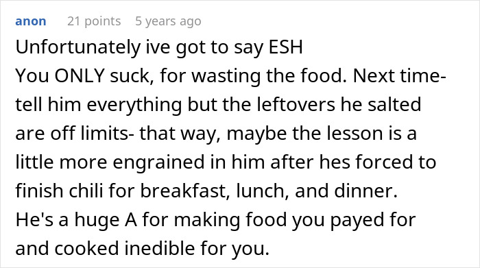 Comment discussing a woman rethinking her relationship after boyfriend ruined the pot of chili by salting it excessively.