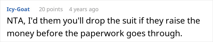 Screenshot of an online comment discussing a man demanding cousin pay for his cruel prank and the aunt&rsquo;s surprising reaction.