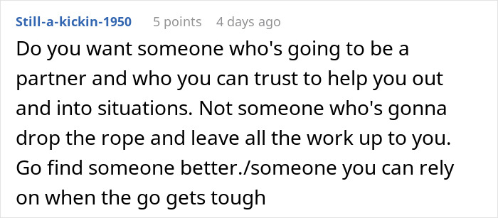 Alt text: Online comment about trust and reliability in relationships after fianc&eacute;&rsquo;s lie causes a rethink during holiday dinner.