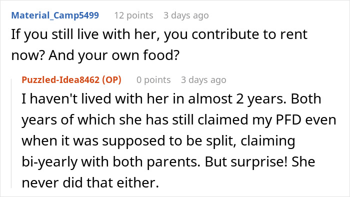 Screenshot of an online conversation where a teen questions missing $30k and a mom gives vague answers.