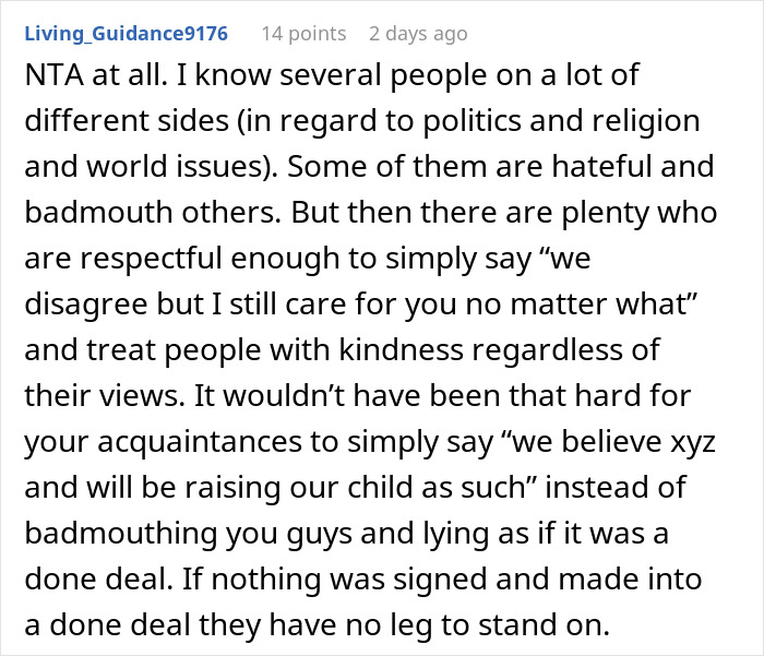 Comment by Living_Guidance9176 discussing respect, kindness, and differing views related to couple deciding to destroy their embryos. Comment by Living_Guidance9176 discussing respect, kindness, and differing views related to couple deciding to destroy their embryos.