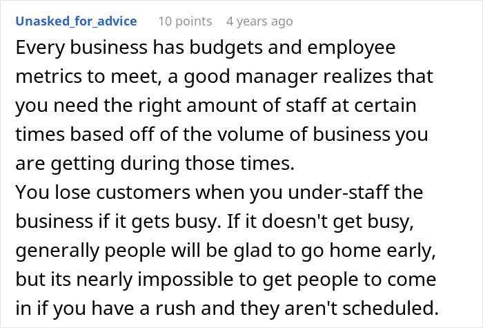 Screenshot of a forum comment discussing manager rules for coffee shop workers and challenges of staffing during busy times.