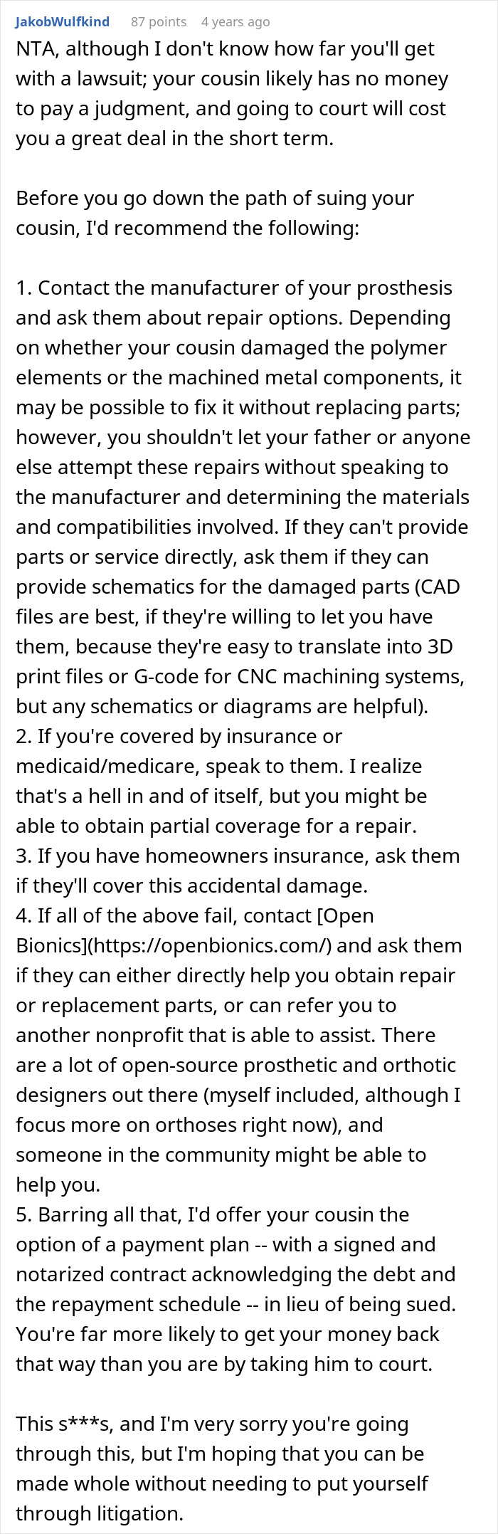 Reddit comment offering advice on suing cousin after a cruel prank and unexpected aunt reaction.
