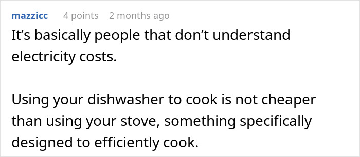 Screenshot of an online comment explaining why cooking food in the dishwasher is inefficient and confusing.
