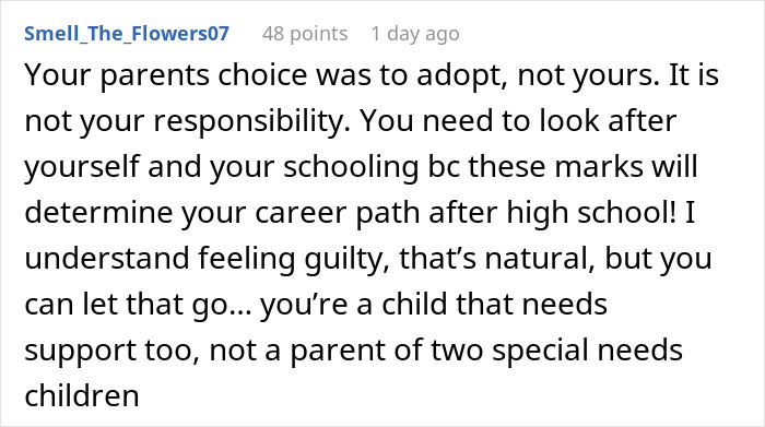 Reddit comment advising an exhausted teen caring for autistic siblings to prioritize schooling, self-care, and not feel guilty Reddit comment advising an exhausted teen caring for autistic siblings to prioritize schooling, self-care, and not feel guilty