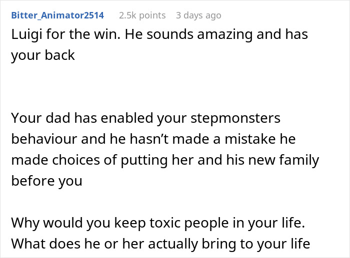 Comment discussing teen&rsquo;s realization of stepmother&rsquo;s true colors and insecurities about a kid in a toxic family dynamic.