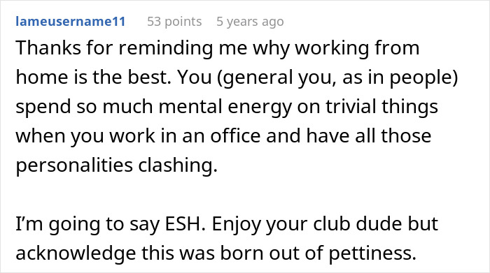 Comment discussing office personality clashes and mental energy related to employee pushback against vegan-only club.