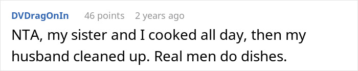 Comment discussing husband backing out of deal to help clean up after Thanksgiving meal and wife calling him out on it.