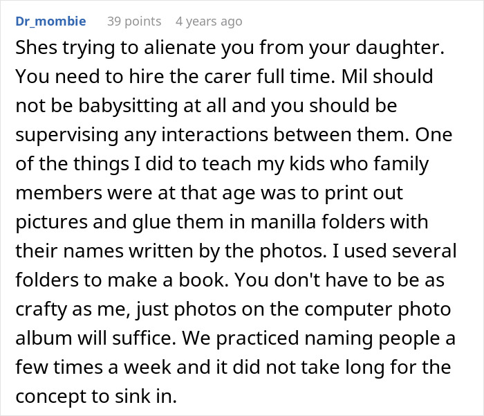 Comment from Dr_mombie advising mil to teach toddler family names using photo albums under mother supervision for better learning.