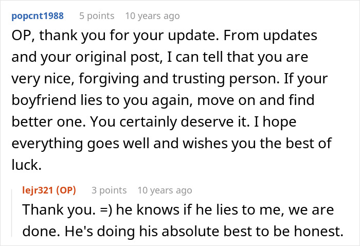 Screenshot of a Reddit conversation about a woman discovering her boyfriend built their relationship on lies.