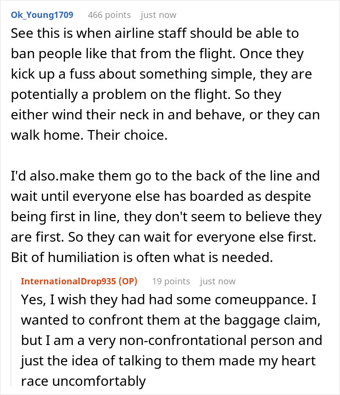 User comments discussing an entitled British woman causing distress over an airline luggage policy confrontation.