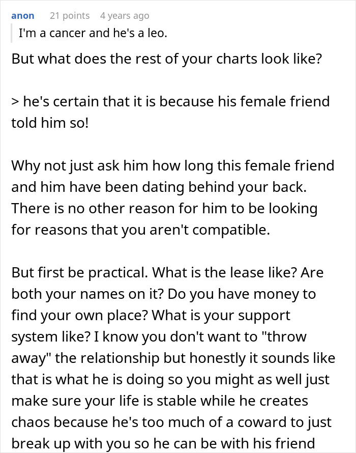 Comment discussing a Cancer woman dealing with boyfriend cheating involving an astrology-obsessed female friend and relationship stability advice.