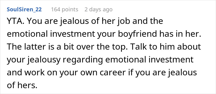 Screenshot of a Reddit comment discussing jealousy over a boyfriend&rsquo;s emotional investment in a female colleague.