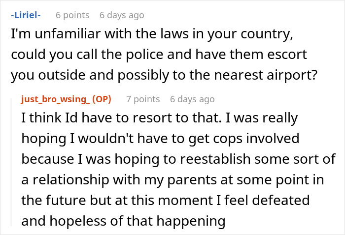 Reddit conversation about being held hostage at parents&rsquo; place and seeking advice on involving police or escaping safely.