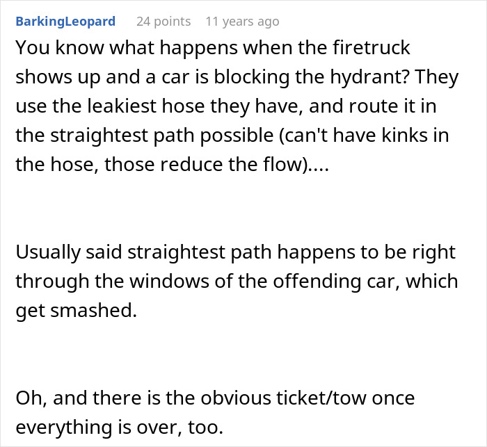 Comment explaining consequences of blocking fire hydrant and driveway, mentioning firetruck access and car damage risks.