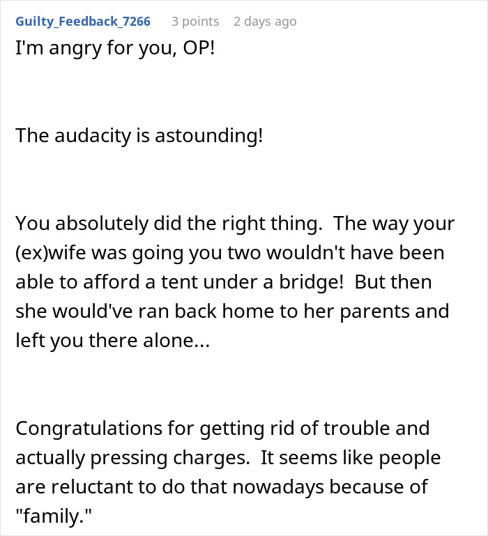 Online comment expressing anger and support over a marriage falling apart due to wife treating husband as ATM machine.