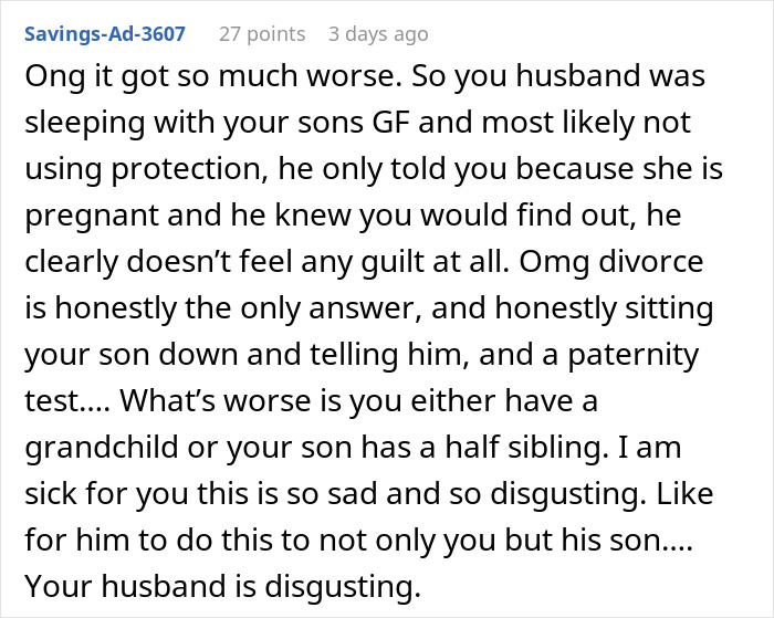 Comment discussing a man unsure if affair partner&rsquo;s baby is his child or grandchild, and mentioning paternity test advice.