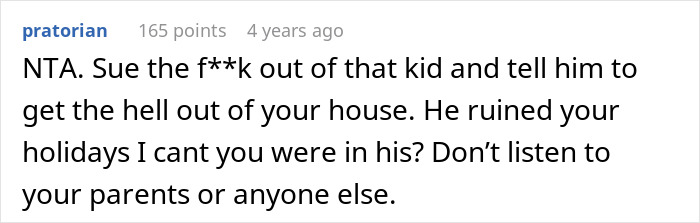 Screenshot of an online forum comment discussing a man demanding his cousin pay for a cruel prank and the aunt&rsquo;s unexpected reaction.