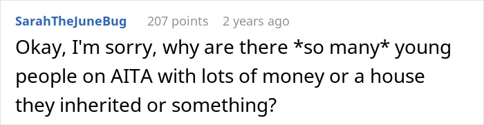 Screenshot of a Reddit comment discussing young people on AITA with money or inherited houses, sparking hometown phone blow-up.