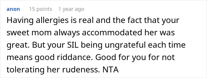 Screenshot of a Reddit comment discussing family allergies and conflicts over accommodating allergy needs.