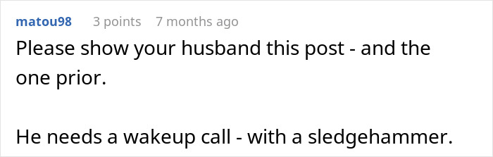 Comment about husband not standing up to his mother and wife considering walking away in a digital text screenshot.