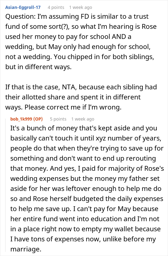 Screenshot of a Reddit conversation discussing financial instability and expenses related to marriage and education funds.