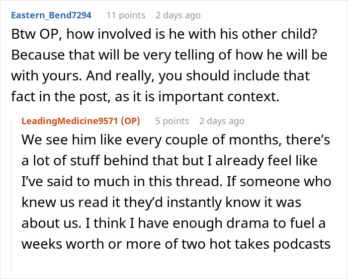 Screenshot of a Reddit conversation about a woman rethinking her relationship after her boyfriend abandons her with a newborn.