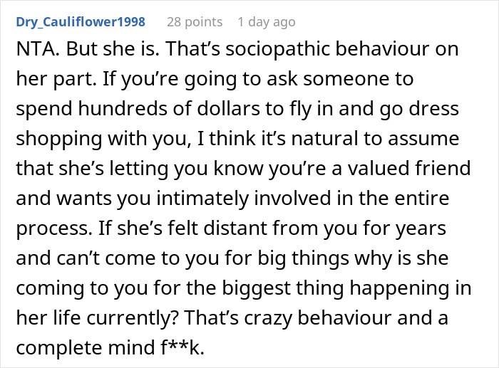 Comment discussing painful wedding dress shopping trip as a friendship wake-up call and emotional realization. Comment discussing painful wedding dress shopping trip as a friendship wake-up call and emotional realization.