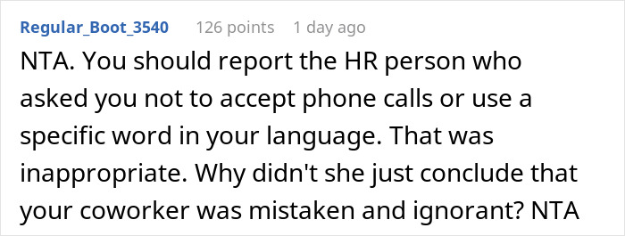 Screenshot of an online comment discussing HR involvement after a man takes a call in Korean, triggering a coworker. Screenshot of an online comment discussing HR involvement after a man takes a call in Korean, triggering a coworker.