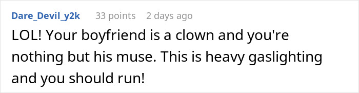 Screenshot of an online comment warning a woman about gaslighting involving Christmas gifts matching missing items from her boyfriend.