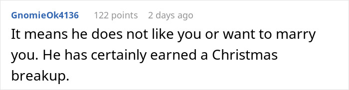 Screenshot of online comment about a man telling girlfriend she must earn an engagement ring, sparking drama. Screenshot of online comment about a man telling girlfriend she must earn an engagement ring, sparking drama.