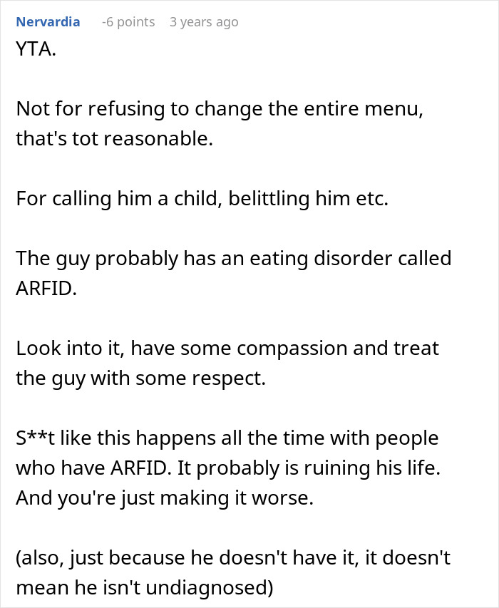 Comment discussing a picky eater demanding an in-laws&rsquo; Christmas menu change and the need for compassion and respect.