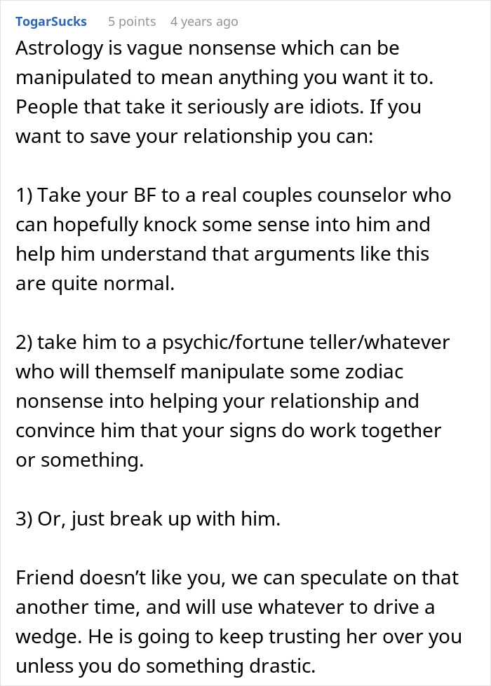 Screenshot of a comment discussing astrology, relationships, and a cheating boyfriend blaming it on her zodiac sign Cancer.