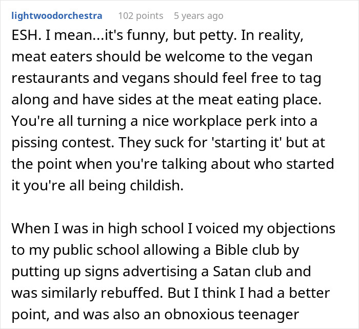 Comment discussing employee pushback against vegan-only club and starting beef in a workplace debate.