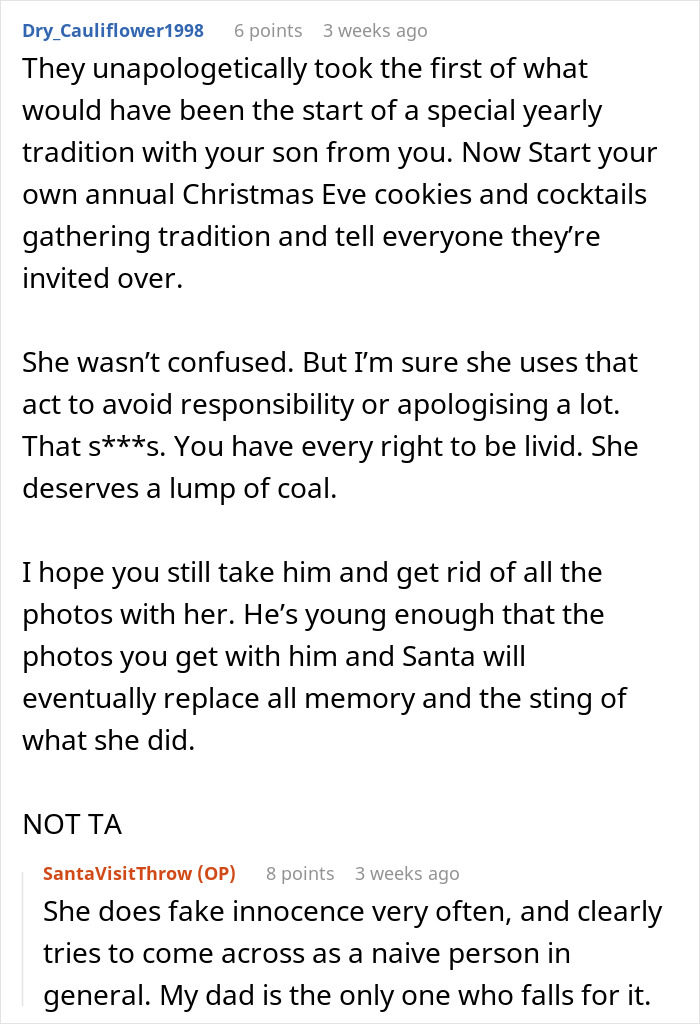 Step-grandma sneaks baby to Santa during babysitting, leading to loss of babysitting privileges and family conflict.