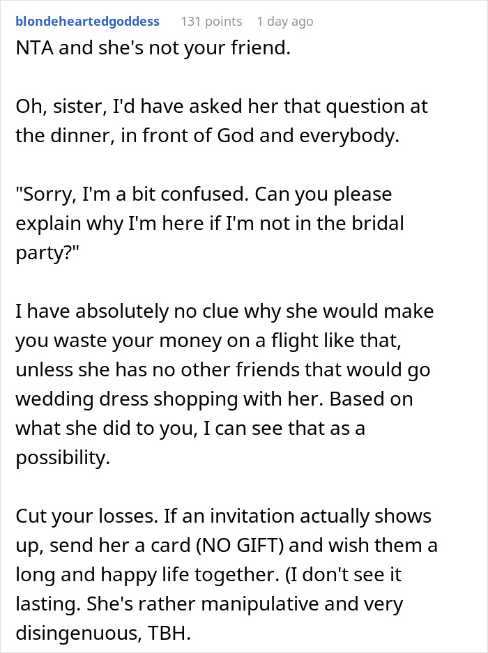 Text post discussing a painful wedding dress shopping trip as a friendship wake-up call with emotional pain. Text post discussing a painful wedding dress shopping trip as a friendship wake-up call with emotional pain.