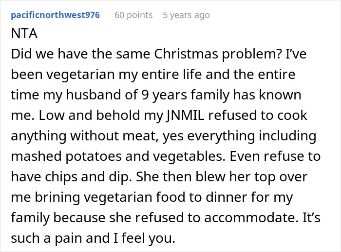 Comment discussing no vegan options Christmas Eve dinner, highlighting refusal to accommodate vegetarian food requests.