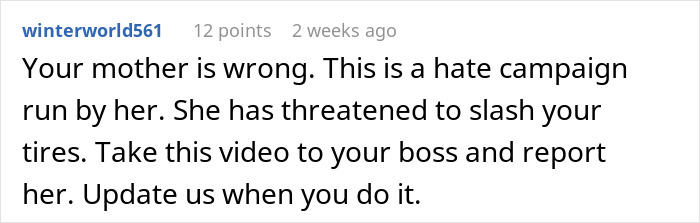 Screenshot of a comment discussing a coworker conflict involving threats and advice to report to a boss on social media. Screenshot of a comment discussing a coworker conflict involving threats and advice to report to a boss on social media.