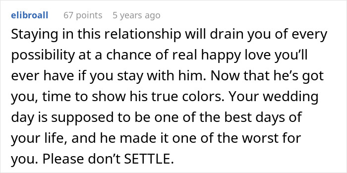 Comment on marriage falling apart after husband ruined wedding, warning against settling in toxic relationships.