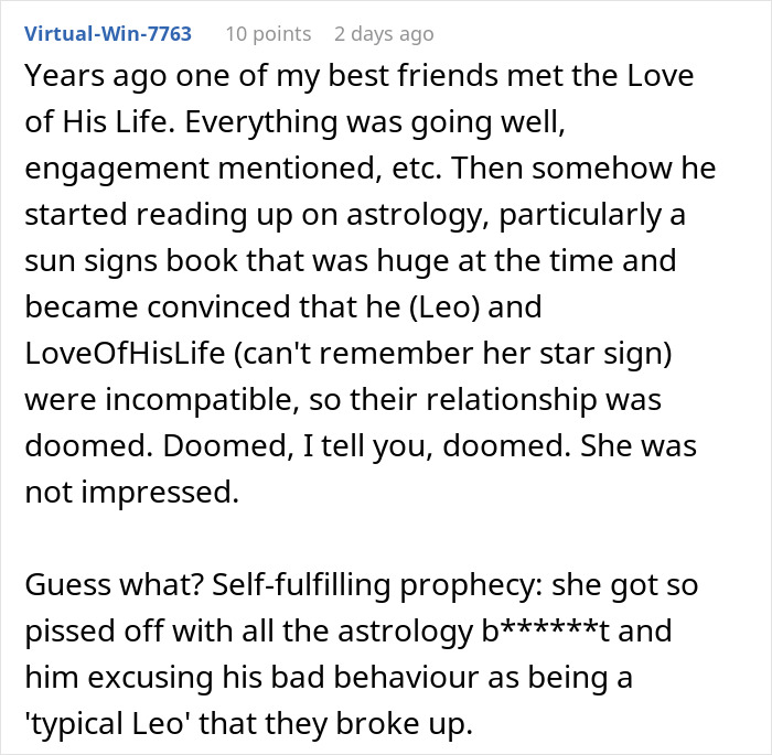 Woman dumps boyfriend for cheating with astrology-obsessed friend, he blames it on her being a Cancer star sign.